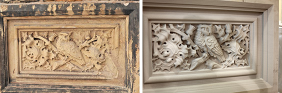 The owl and thistle sculpture before and after its restoration